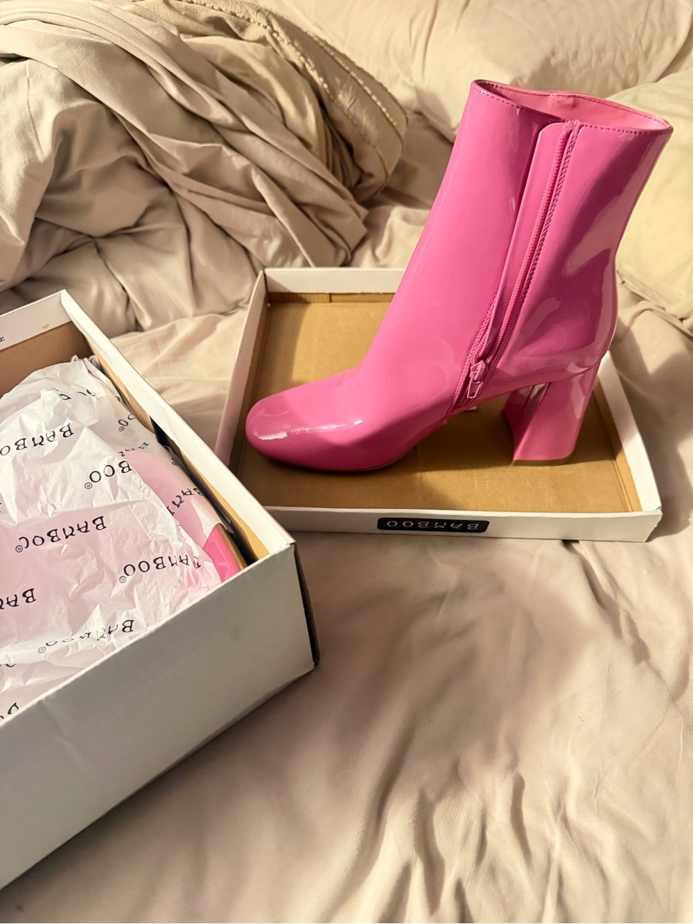 BAMBOO Glossy Hot Pink Patent Block Heel Ankle Boots